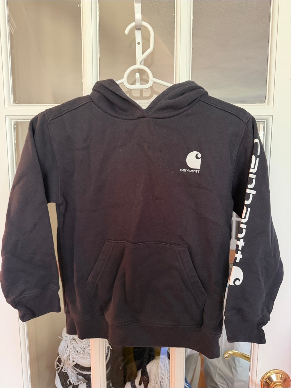 Carhartt boys Black Crewneck Logo Hoodie with White Sleeve Script